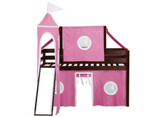 Load image into Gallery viewer, JACKPOT! Princess Twin Low Loft Bed in CHERRY with Slide, Pink & White Tent