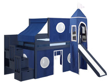 Load image into Gallery viewer, JACKPOT! Castle Twin Low Loft Stairway Bed in BLUE, Blue & White Tent with Slide