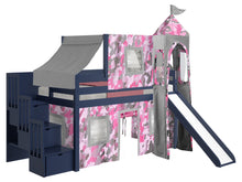 Load image into Gallery viewer, JACKPOT! Princess Twin Low Loft Stairway Bed in BLUE, Pink Camo Tent with Slide