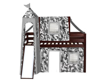 Load image into Gallery viewer, JACKPOT! Castle Twin Low Loft Bed in CHERRY with Slide, Gray Camo Tent
