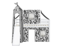 Load image into Gallery viewer, JACKPOT! Castle Twin Low Loft Bed in WHITE with Slide, Gray Camo Tent
