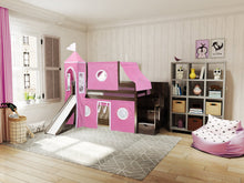 Load image into Gallery viewer, JACKPOT! Princess Twin Low Loft Stairway Bed in CHERRY, Pink &amp; White Tent with Slide
