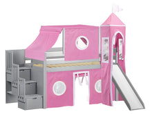 Load image into Gallery viewer, JACKPOT! Princess Twin Low Loft Stairway Bed in GRAY, Pink &amp; White Tent with Slide
