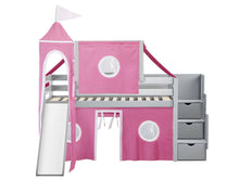 Load image into Gallery viewer, JACKPOT! Princess Twin Low Loft Stairway Bed in GRAY, Pink &amp; White Tent with Slide
