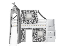 Load image into Gallery viewer, JACKPOT! Castle Twin Low Loft Stairway Bed in WHITE, Gray Camo Tent with Slide
