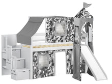 Load image into Gallery viewer, JACKPOT! Castle Twin Low Loft Stairway Bed in WHITE, Gray Camo Tent with Slide
