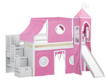 Load image into Gallery viewer, JACKPOT! Princess Twin Low Loft Stairway Bed in WHITE, Pink &amp; White Tent with Slide
