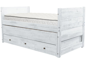 All in One Twin Bed with Trundle and 3 Drawers in Rustic White