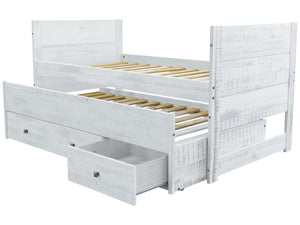 All in One Twin Bed with Trundle and 3 Drawers in Rustic White