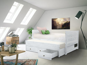 All in One Twin Bed with Trundle and 3 Drawers in Rustic White