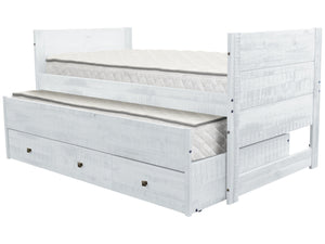 All in One Twin Bed with Trundle and 3 Drawers in Rustic White