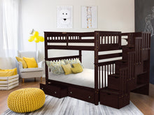 Load image into Gallery viewer, Bunk Beds Full over Full Stairway Cappuccino + 2 Extra Drawers
