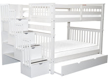 Load image into Gallery viewer, Bunk Beds Full over Full Stairway White + Full Trundle
