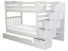 Load image into Gallery viewer, Bunk Beds Tall Twin over Twin Stairway White + Trundle
