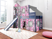Load image into Gallery viewer, JACKPOT! Princess Twin Low Loft Bed in BLUE with Slide, Pink Camo Tent
