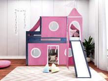 Load image into Gallery viewer, JACKPOT! Princess Twin Low Loft Bed in BLUE with Slide, Pink &amp; White Tent
