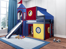 Load image into Gallery viewer, JACKPOT! Castle Twin Low Loft Bed in BLUE with Slide, Red Yellow &amp; Blue Tent
