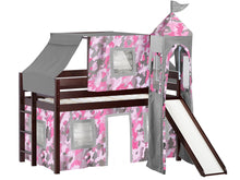 Load image into Gallery viewer, JACKPOT! Princess Twin Low Loft Bed in CHERRY with Slide, Pink Camo Tent
