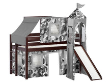 Load image into Gallery viewer, JACKPOT! Castle Twin Low Loft Bed in CHERRY with Slide, Gray Camo Tent
