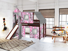 Load image into Gallery viewer, JACKPOT! Princess Twin Low Loft Bed in CHERRY with Slide, Pink Camo Tent
