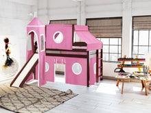 Load image into Gallery viewer, JACKPOT! Princess Twin Low Loft Bed in CHERRY with Slide, Pink &amp; White Tent

