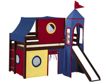 Load image into Gallery viewer, JACKPOT! Castle Twin Low Loft Bed in CHERRY with Slide, Red Yellow &amp; Blue Tent

