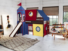 Load image into Gallery viewer, JACKPOT! Castle Twin Low Loft Bed in CHERRY with Slide, Red Yellow &amp; Blue Tent
