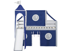 Load image into Gallery viewer, JACKPOT! Castle Twin Low Loft Bed in GRAY with Slide, Blue &amp; White Tent
