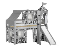 Load image into Gallery viewer, JACKPOT! Castle Twin Low Loft Bed in GRAY with Slide, Gray Camo Tent
