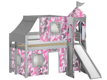 Load image into Gallery viewer, JACKPOT! Princess Twin Low Loft Bed in GRAY with Slide, Pink Camo Tent
