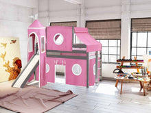 Load image into Gallery viewer, JACKPOT! Princess Twin Low Loft Bed in GRAY with Slide, Pink &amp; White Tent
