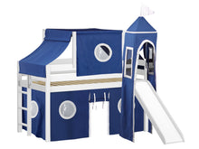 Load image into Gallery viewer, JACKPOT! Castle Twin Low Loft Bed in WHITE with Slide, Blue &amp; White Tent
