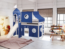 Load image into Gallery viewer, JACKPOT! Castle Twin Low Loft Bed in WHITE with Slide, Blue &amp; White Tent
