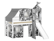 Load image into Gallery viewer, JACKPOT! Castle Twin Low Loft Bed in WHITE with Slide, Gray Camo Tent
