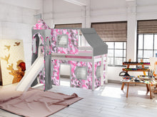 Load image into Gallery viewer, JACKPOT! Princess Twin Low Loft Bed in WHITE with Slide, Pink Camo Tent
