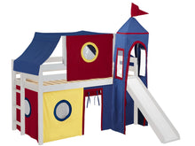 Load image into Gallery viewer, JACKPOT! Castle Twin Low Loft Bed in WHITE with Slide, Red Yellow &amp; Blue Tent
