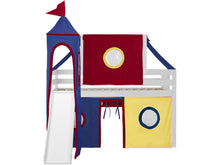 Load image into Gallery viewer, JACKPOT! Castle Twin Low Loft Bed in WHITE with Slide, Red Yellow &amp; Blue Tent
