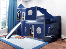 Load image into Gallery viewer, JACKPOT! Castle Twin Low Loft Stairway Bed in BLUE, Blue &amp; White Tent with Slide

