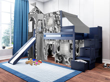 Load image into Gallery viewer, JACKPOT! Castle Twin Low Loft Stairway Bed in BLUE, Gray Camo Tent with Slide

