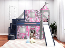 Load image into Gallery viewer, JACKPOT! Princess Twin Low Loft Stairway Bed in BLUE, Pink Camo Tent with Slide
