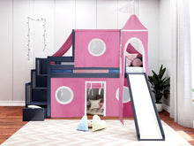 Load image into Gallery viewer, JACKPOT! Princess Twin Low Loft Stairway Bed in BLUE, Pink &amp; White Tent with Slide
