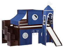 Load image into Gallery viewer, JACKPOT! Castle Twin Low Loft Stairway Bed in CHERRY, Blue &amp; White Tent with Slide

