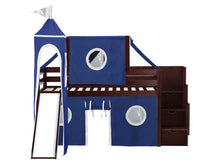 Load image into Gallery viewer, JACKPOT! Castle Twin Low Loft Stairway Bed in CHERRY, Blue &amp; White Tent with Slide
