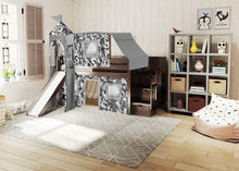 Load image into Gallery viewer, JACKPOT! Castle Twin Low Loft Stairway Bed in CHERRY, Gray Camo Tent with Slide
