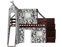 Load image into Gallery viewer, JACKPOT! Castle Twin Low Loft Stairway Bed in CHERRY, Gray Camo Tent with Slide
