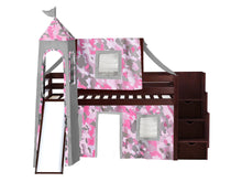 Load image into Gallery viewer, JACKPOT! Princess Twin Low Loft Stairway Bed in CHERRY, Pink Camo Tent with Slide
