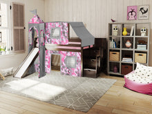 Load image into Gallery viewer, JACKPOT! Princess Twin Low Loft Stairway Bed in CHERRY, Pink Camo Tent with Slide
