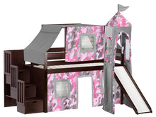 Load image into Gallery viewer, JACKPOT! Princess Twin Low Loft Stairway Bed in CHERRY, Pink Camo Tent with Slide
