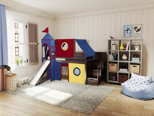 Load image into Gallery viewer, JACKPOT! Castle Twin Low Loft Stairway Bed in CHERRY, Red Yellow &amp; Blue Tent with Slide
