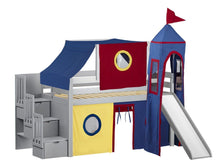 Load image into Gallery viewer, JACKPOT! Castle Twin Low Loft Stairway Bed in GRAY, Red Yellow &amp; Blue Tent with Slide
